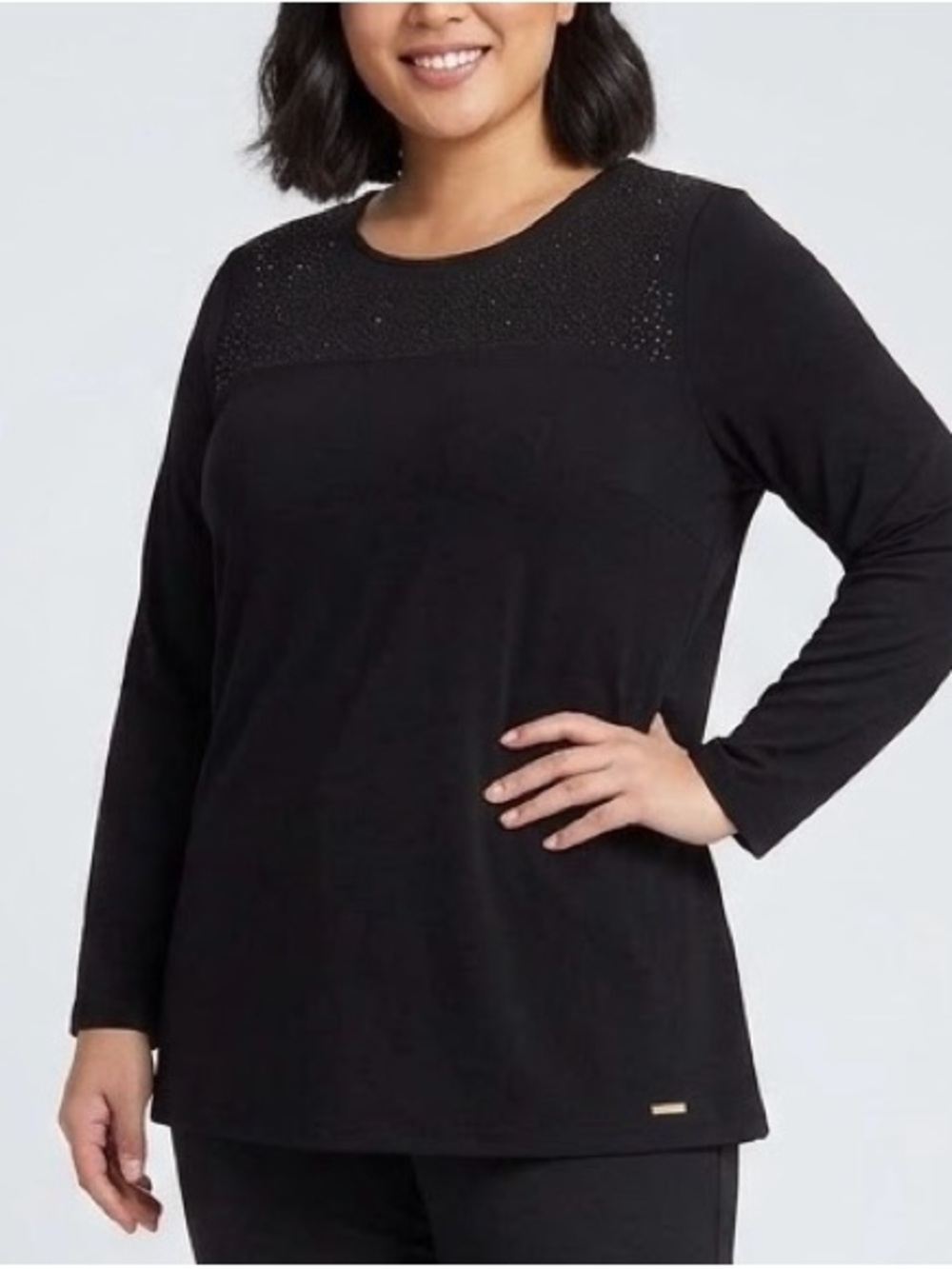 NEW Size 1X T Tahari Black Studded Knit Long Sleeve High Low Sweater Blouse